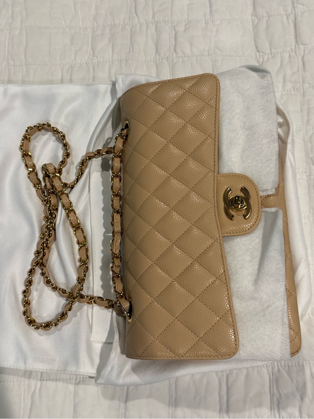 CHANEL Beige Quilted Caviar Leather Shoulder Bag with Gold Chain